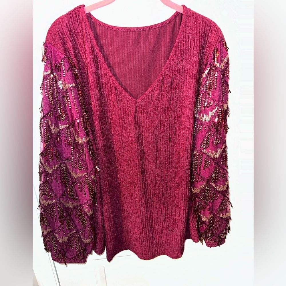 NEW Women's 2X Plus Size Sequin Sleeve Top Raspberry Sparkle Tunic V Neck Sexy